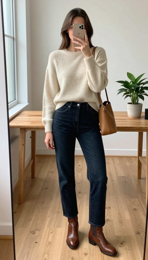 Woman in dark straight-leg jeans and cream knit sweater taking a mirror selfie in bright office light, wearing ankle boots and carrying a tan crossbody bag.