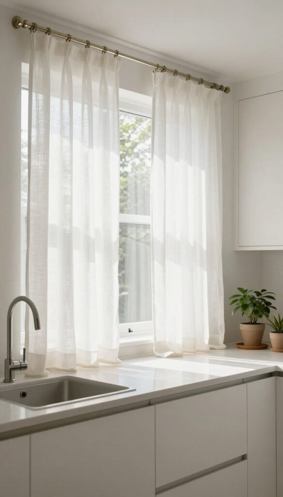 Bright kitchen with sheer white curtains on windows, soft natural light, airy and elegant interior design