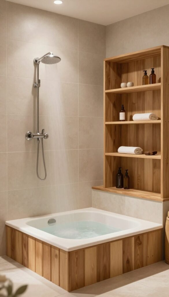 Steam shower with wood accents including a teak bench and cedar shelves, creating a warm and inviting spa-like bathroom setting.