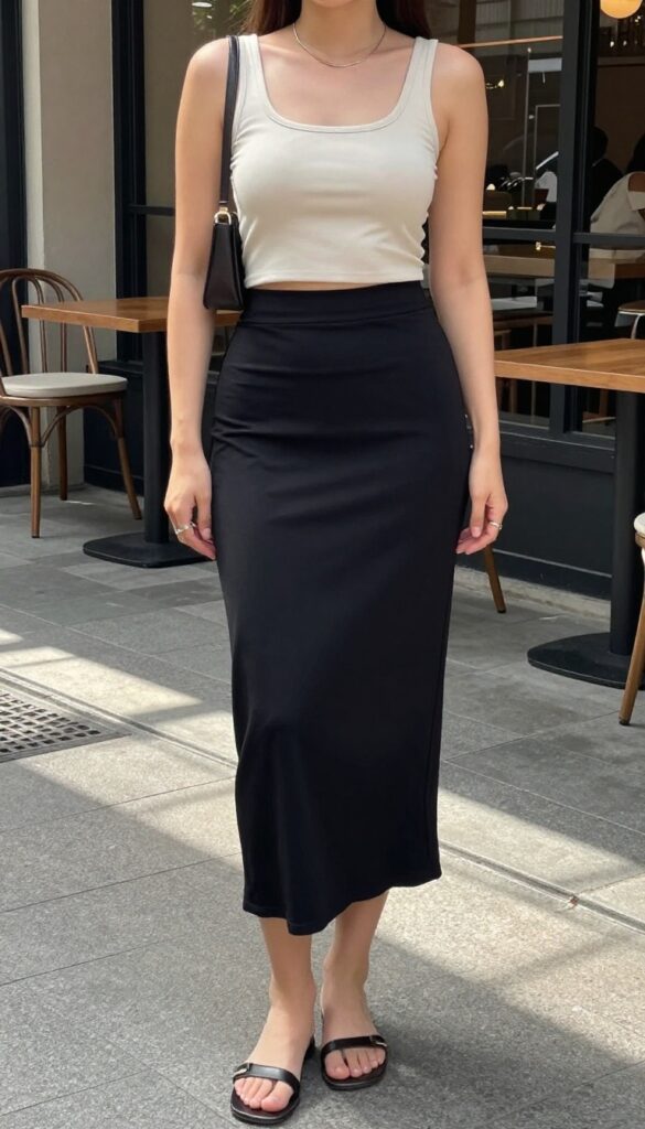 A woman wearing a crop top and black maxi skirt outfit for summer, styled with flat sandals, layered necklaces, and a mini shoulder bag in a bright natural light setting.