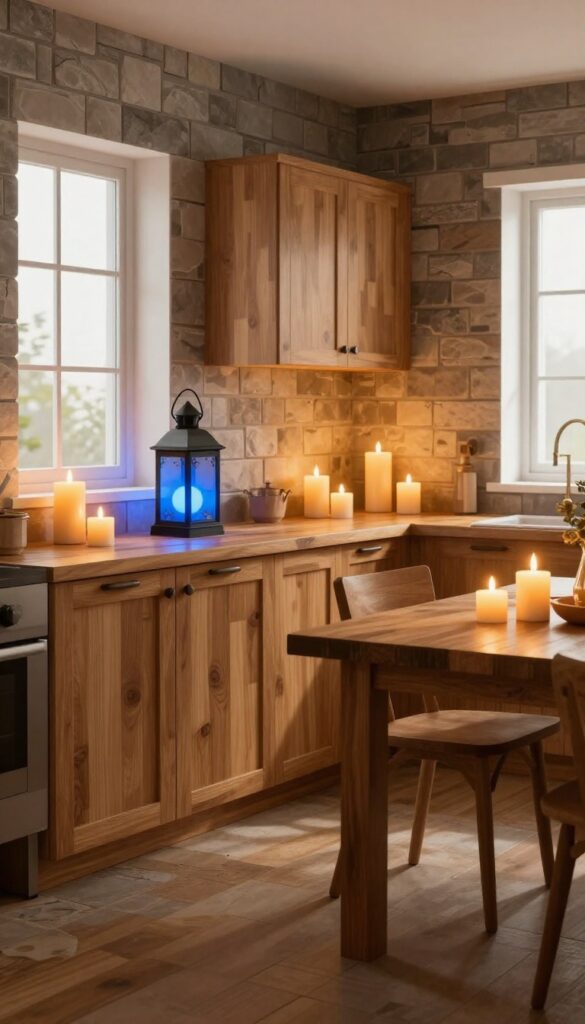 Minecraft kitchen with lanterns and candles creating cozy layered lighting