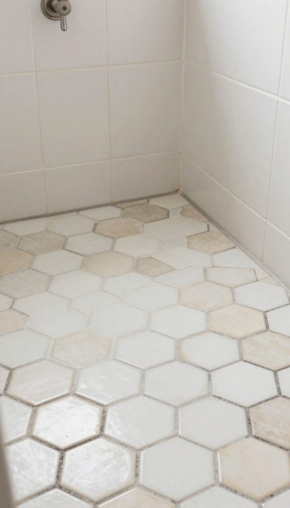 Close-up view of hexagonal mosaic tile shower floor with dark grout for slip resistance and vintage charm in a bright, clean bathroom setting.