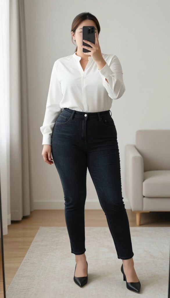 Plus-size woman in dark high-waisted jeans and a structured top, taking a mirror selfie for a semi-formal outfit idea.