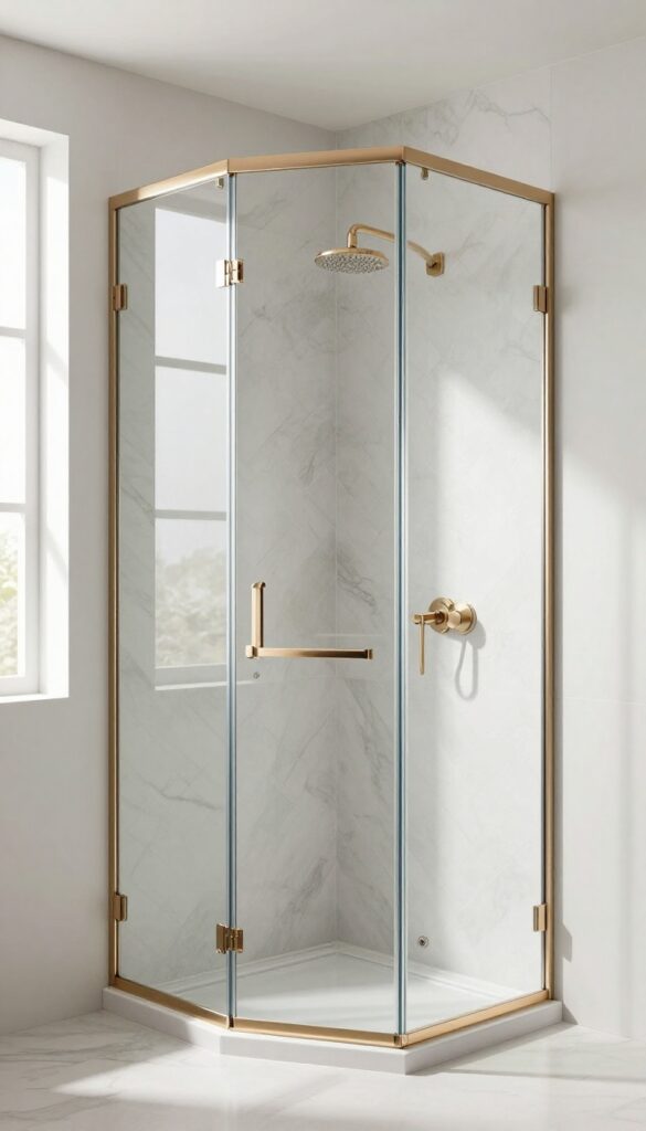 Clear glass shower with minimal champagne bronze framing, herringbone marble tile, and natural light in a bright bathroom.
