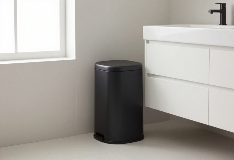 A stylish minimalist matte black trash can in a bright, modern bathroom with natural light and neutral decor.