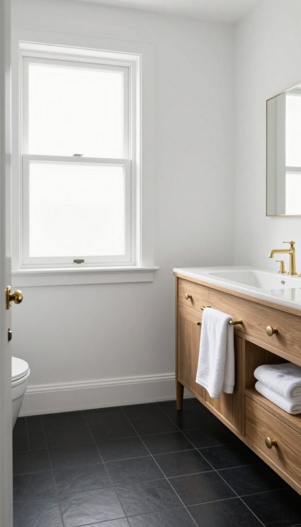 A timeless black and white bathroom featuring black floor tiles and white walls with natural lighting and wooden accents