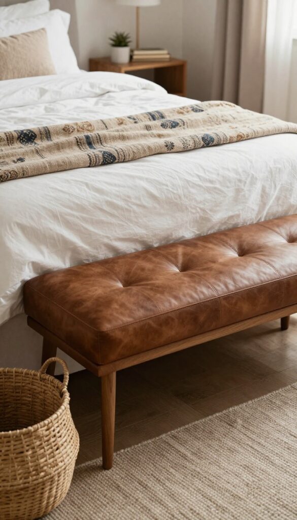 A dark brown leather bench at the foot of a bed in a cozy bedroom with bright natural lighting and clean decor.