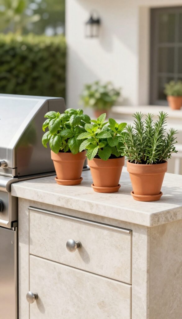 Outdoor kitchen with herb garden in terracotta pots near grill
