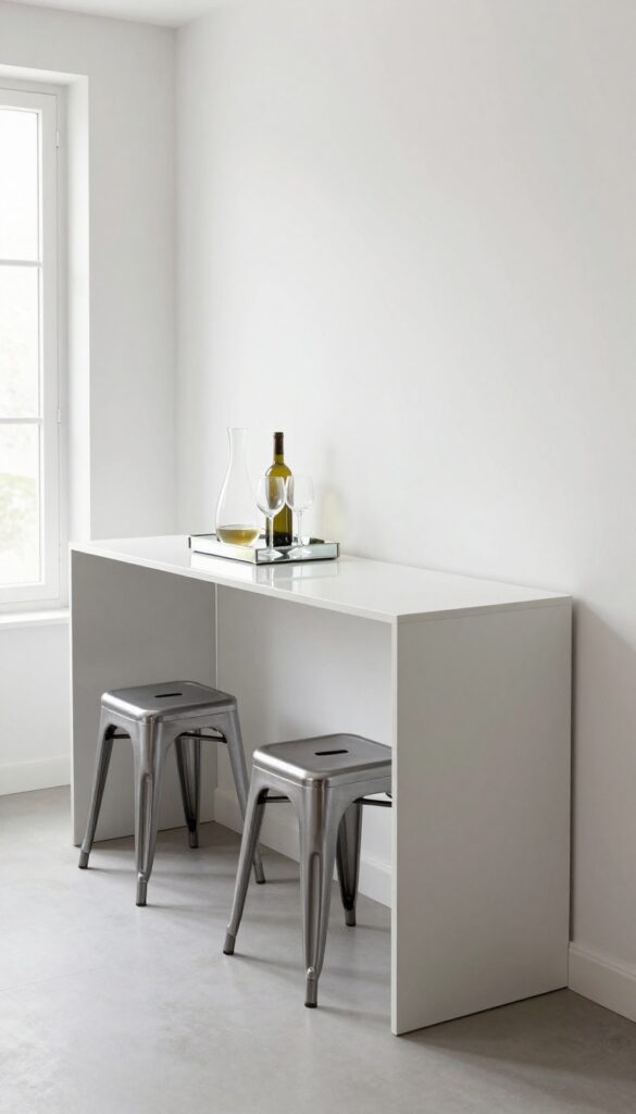 Slim console table bar against kitchen wall with mirrored tray and stools