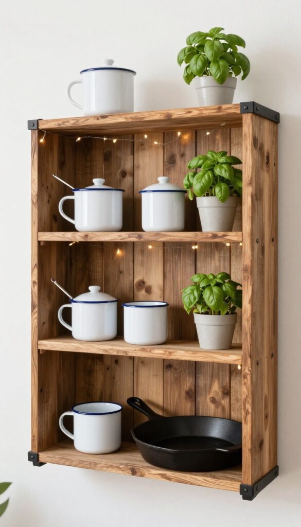 Open shelving made from reclaimed wood in an outdoor kitchen, holding white enamel mugs, cast iron skillet, potted herb, and fairy lights.