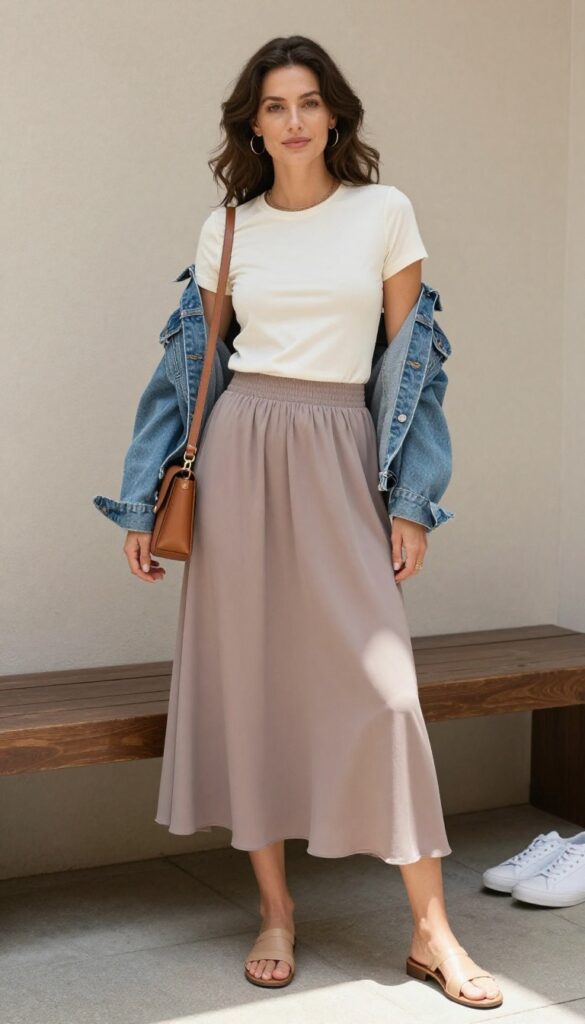 A woman wearing a fitted white tee tucked into a flowy sage green midi skirt, with a denim jacket over her shoulders and tan crossbody bag, standing on a sunny sidewalk.