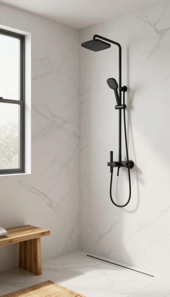 White marble-look shower with black fixtures and teak bench