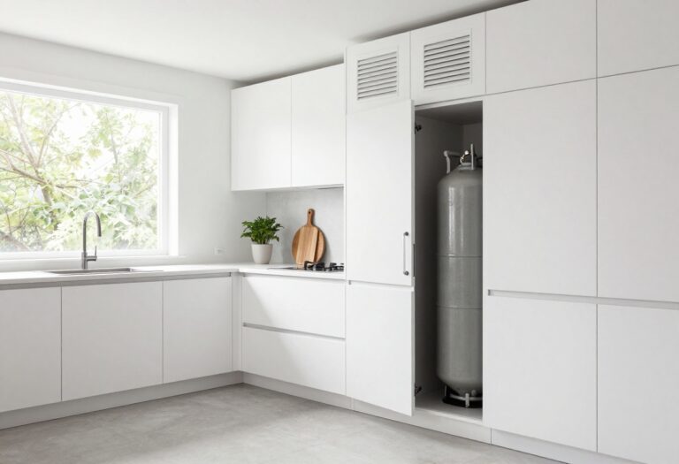 Modern kitchen with a vented cabinet hiding a gas cylinder, clean and stylish interior