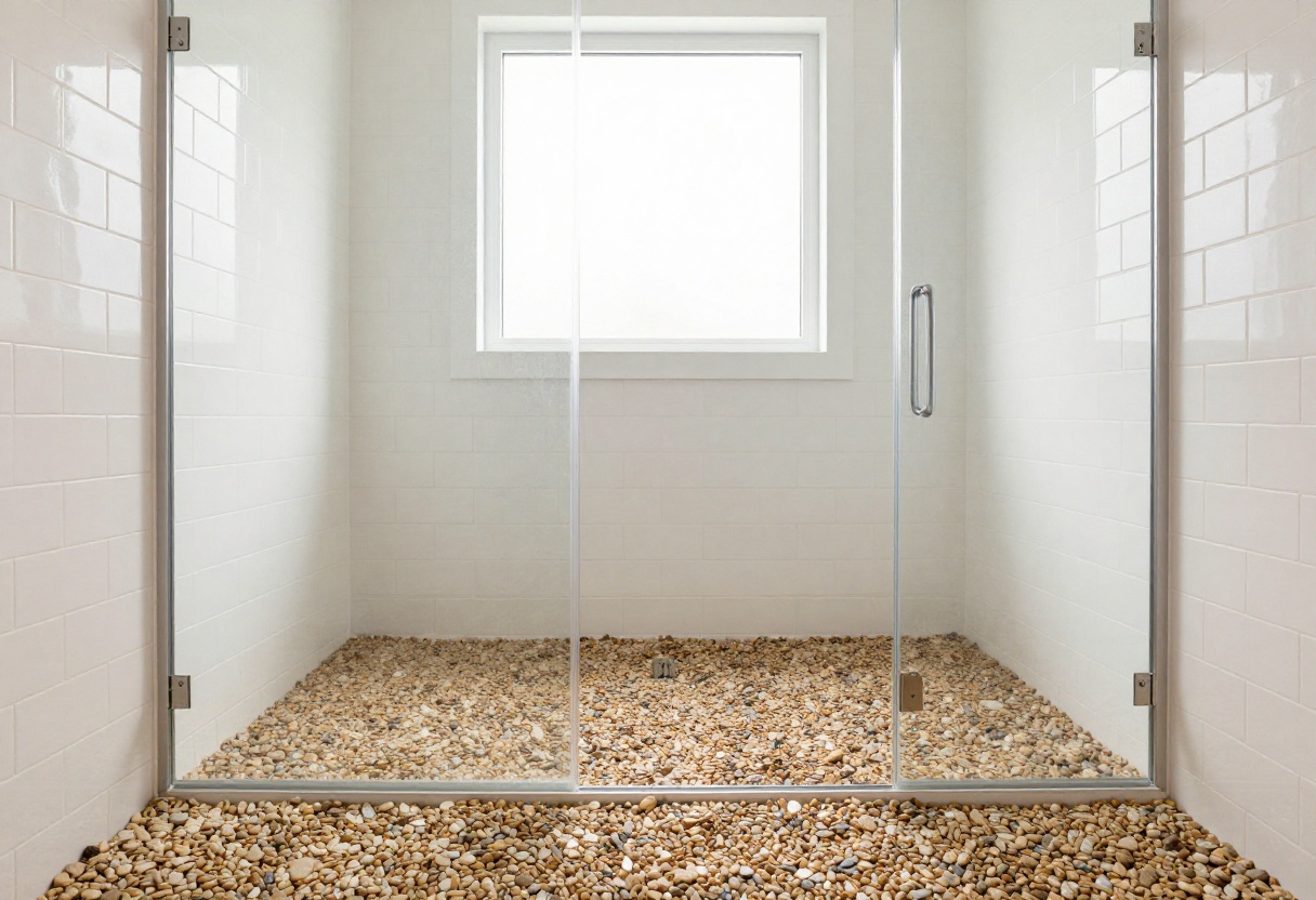 Small bathroom with river rock shower floor and white subway tile walls