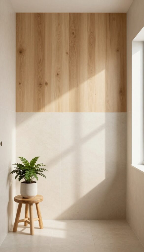 Pony wall with warm wood cap in a bright bathroom