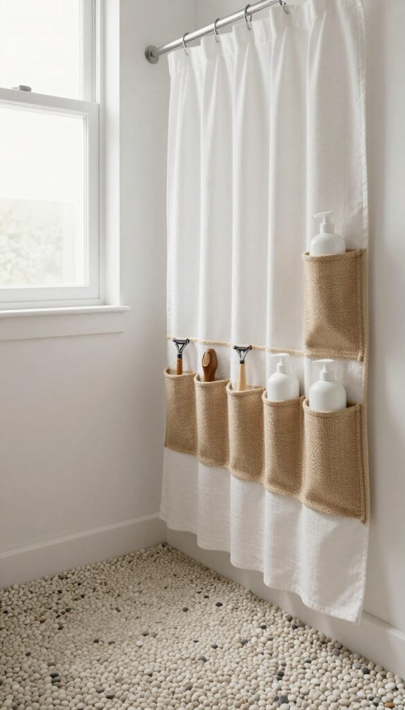 Over-the-door hanging organizer in natural fibers on a shower door, with pebble floor visible below