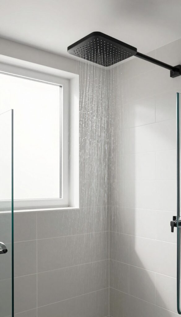 Rainfall showerhead in a small modern shower room with light gray tiles and glass enclosure