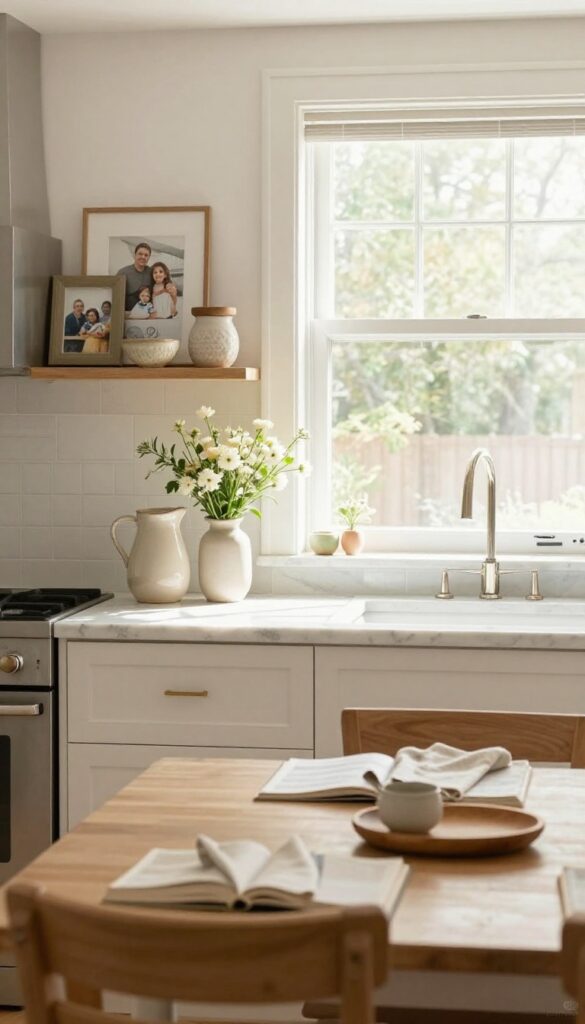 Kitchen diner with personal touches like an open cookbook, ceramic pitcher, and family photos on a shelf.