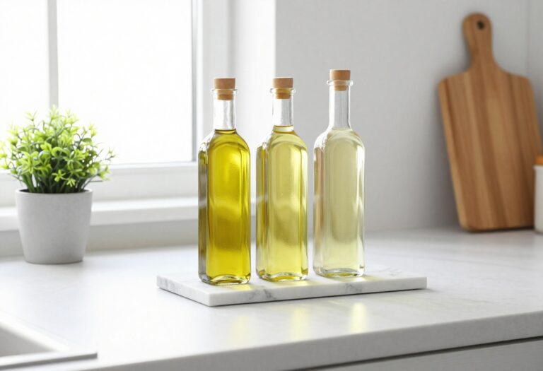 Marble oil tray with glass bottles on a bright kitchen countertop