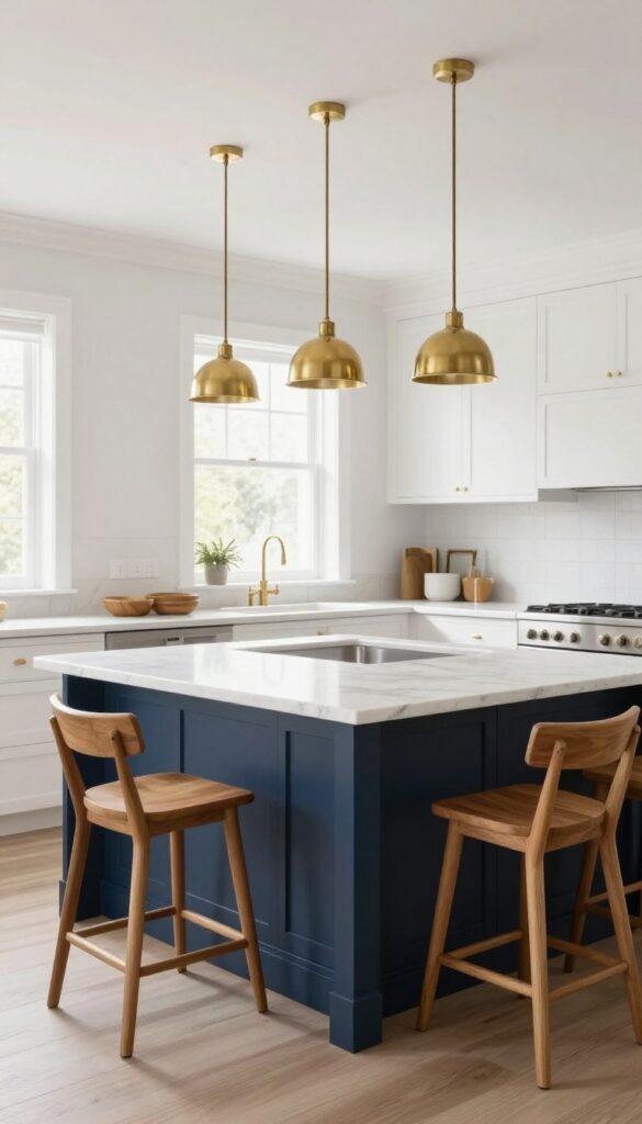 Navy blue kitchen island with white cabinets, brass fixtures, and wood stools in bright natural light