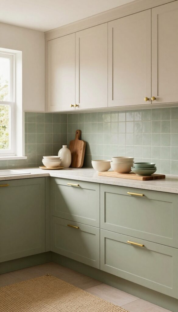 Warm beige cabinets paired with olive green walls and tile backsplash in a bright, nature-inspired kitchen with natural wood accents and stone countertops.