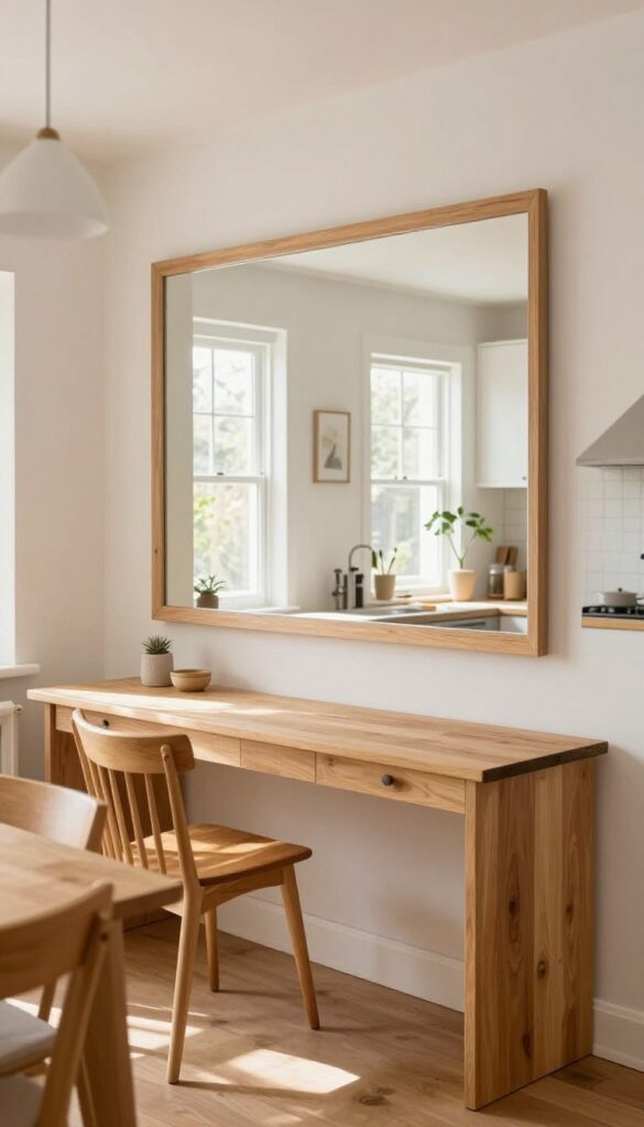 Large mirror reflecting light in a warm kitchen-dining room