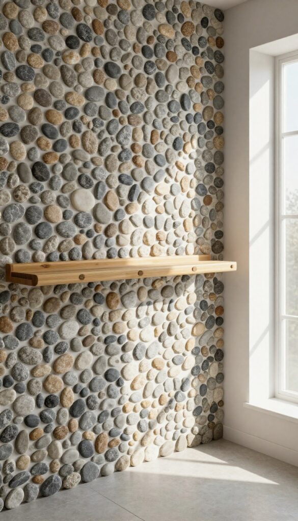 A knee wall shower with pebble inlays for natural texture and zen-inspired decor.
