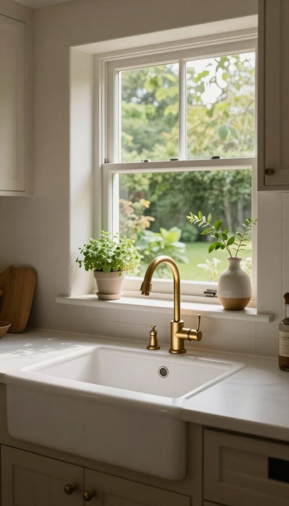 Cozy kitchen corner sink with window view and garden outside