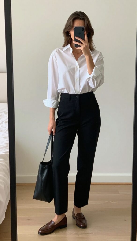Woman in black pants and white button-down shirt with loafers, taking a mirror selfie in a bright room.