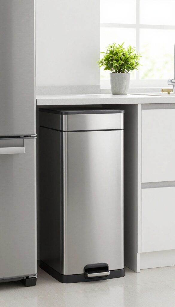 Tall slim trash can tucked beside fridge in modern kitchen