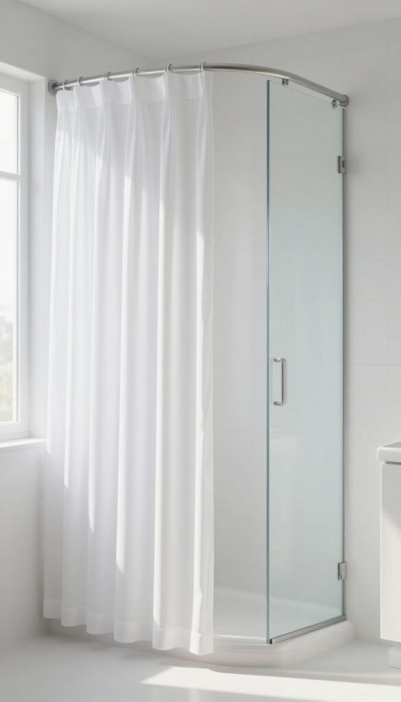 Sheer white shower curtains in a bright bathroom with soft sunlight filtering through.