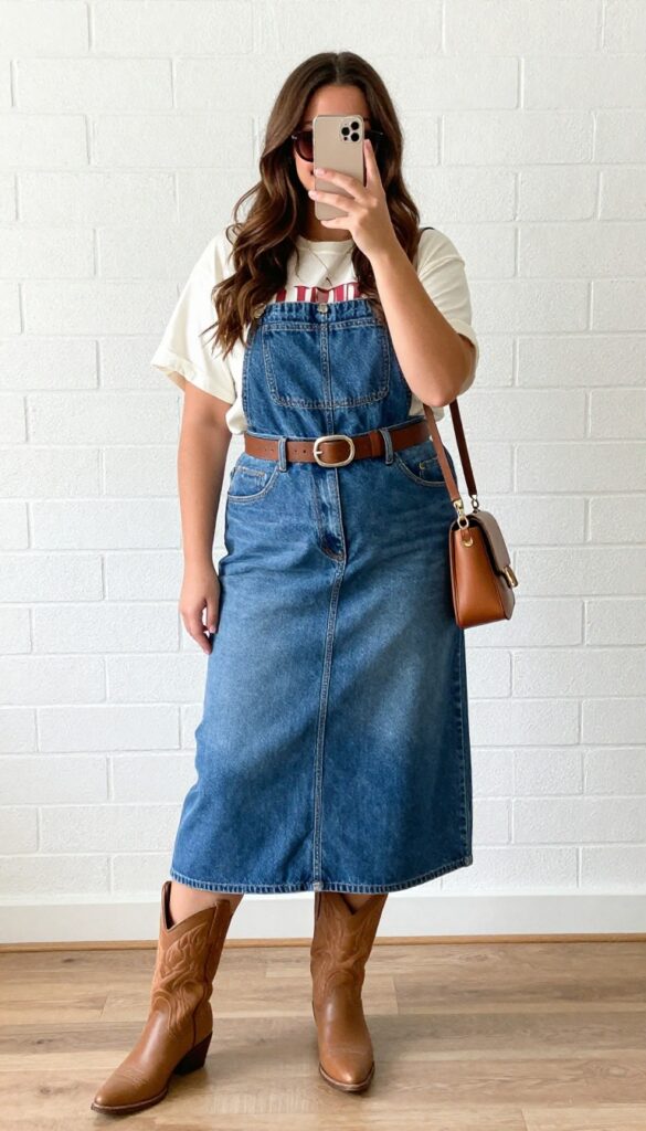 Plus-size woman in denim skirt and graphic tee outfit with cowboy boots, taking a mirror selfie