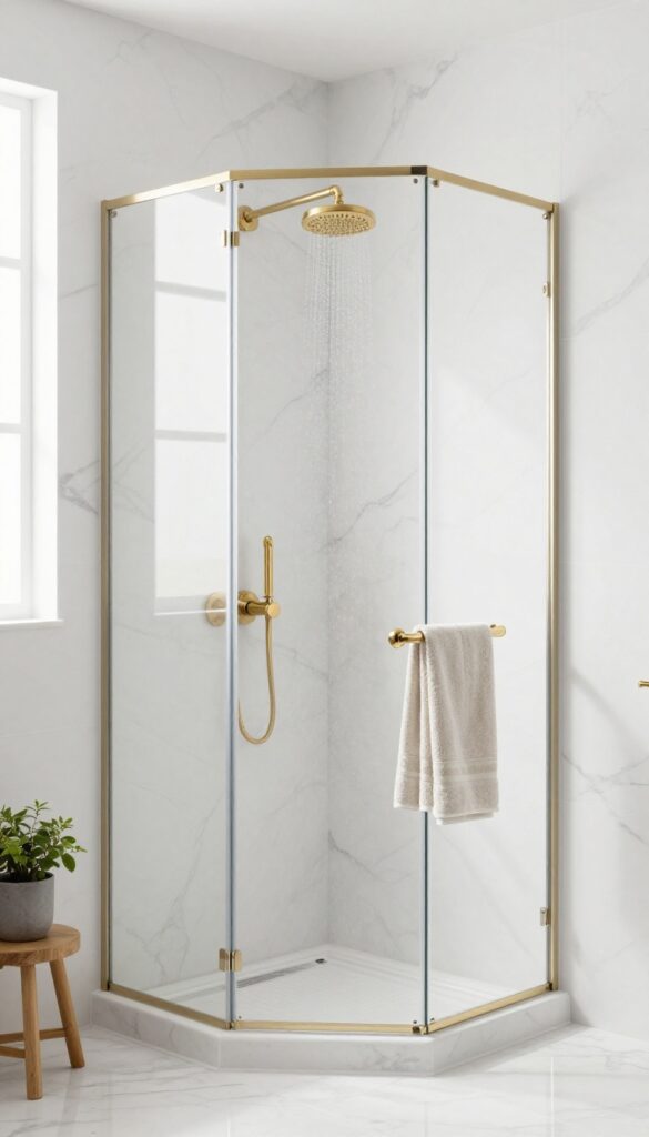 A classic and luxurious walk-in shower with brass fixtures against white marble, showcasing warm tones against cool stone in bright natural light.
