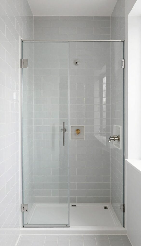 Light gray subway tile shower in a bathroom with white grout and brushed nickel fixtures