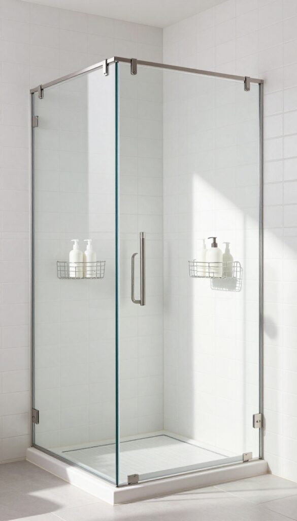 A clean double shower with corner shelving caddies holding matching bottles in natural light