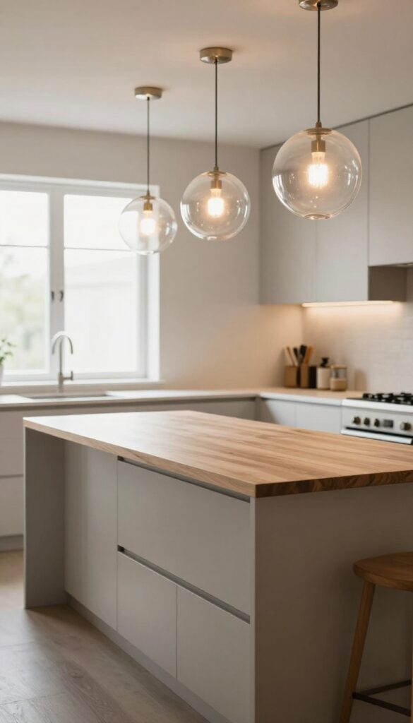 Three clear glass globe pendants at different heights above a kitchen island with butcher-block countertop