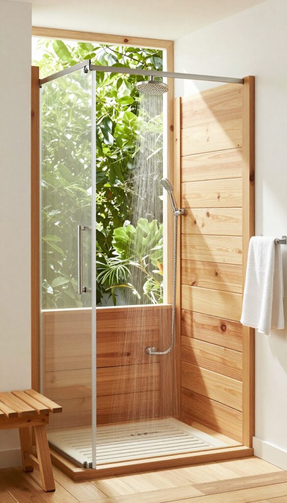 Outdoor cedar shower with slatted flooring and rain shower head in natural light