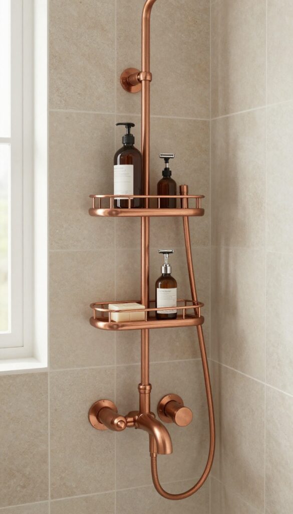 Custom DIY copper pipe shower caddy in a narrow alcove with natural stone tiles and soft natural light