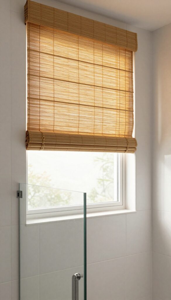 Bamboo roman shade on a shower window filtering golden sunlight into a cozy bathroom