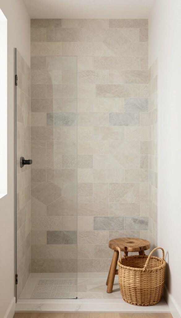 A farmhouse-style walk-in shower with textured tile patterns in neutral tones, showcasing rustic charm and visual interest under natural lighting.