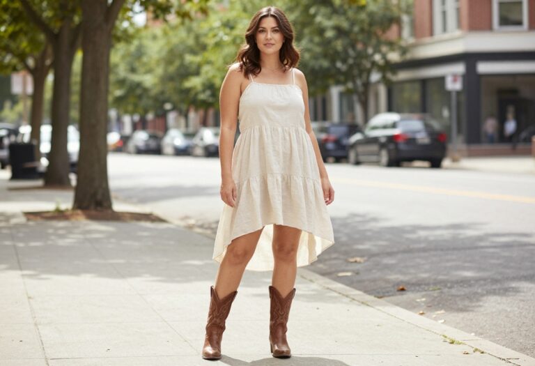 A woman wearing a flowy sundress with cowboy boots in a summer outfit, showcasing stylish and wearable fashion for a mainstream audience in the US, UK, and Canada.