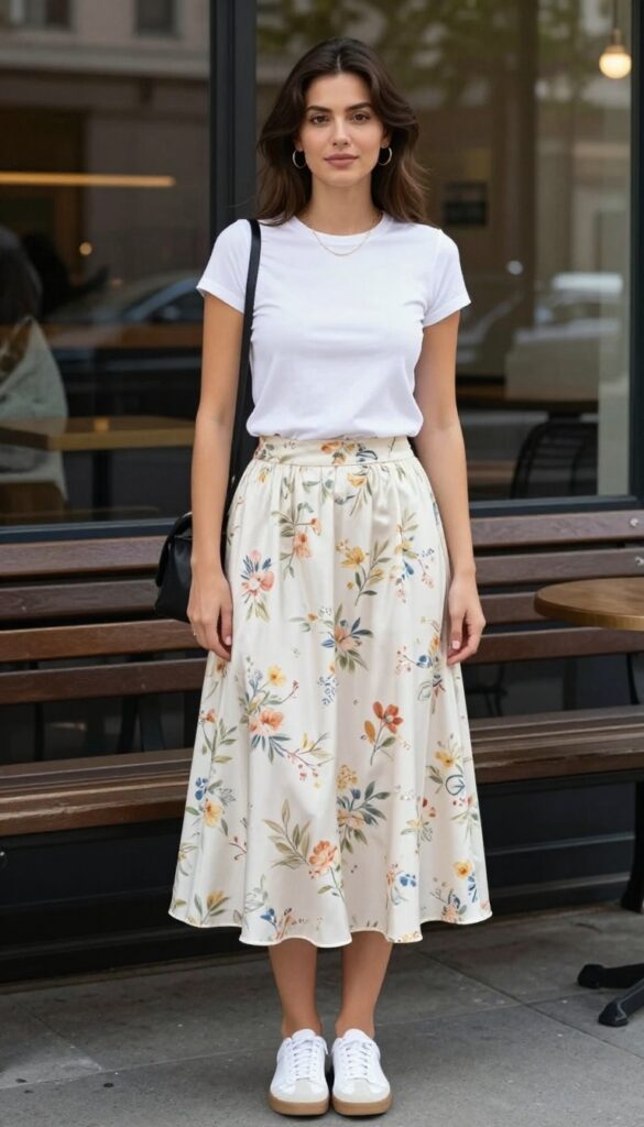 A woman wearing a classic white tee and flowy midi skirt outfit with white sneakers and minimal accessories, styled for a casual summer day.