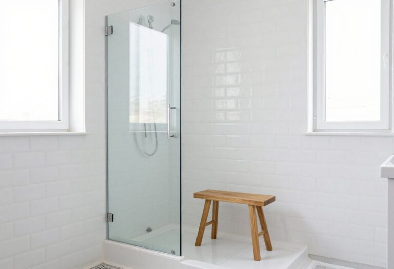 Small bathroom with a teak shower stool inside a glass enclosure