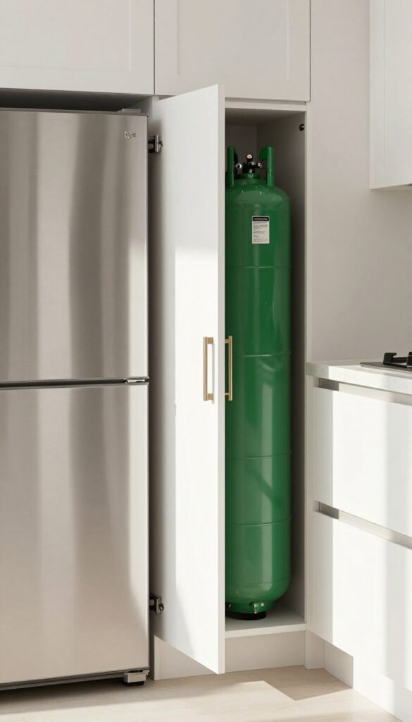 Slim pull-out cabinet between refrigerator and stove storing a gas cylinder, matching kitchen cabinetry.