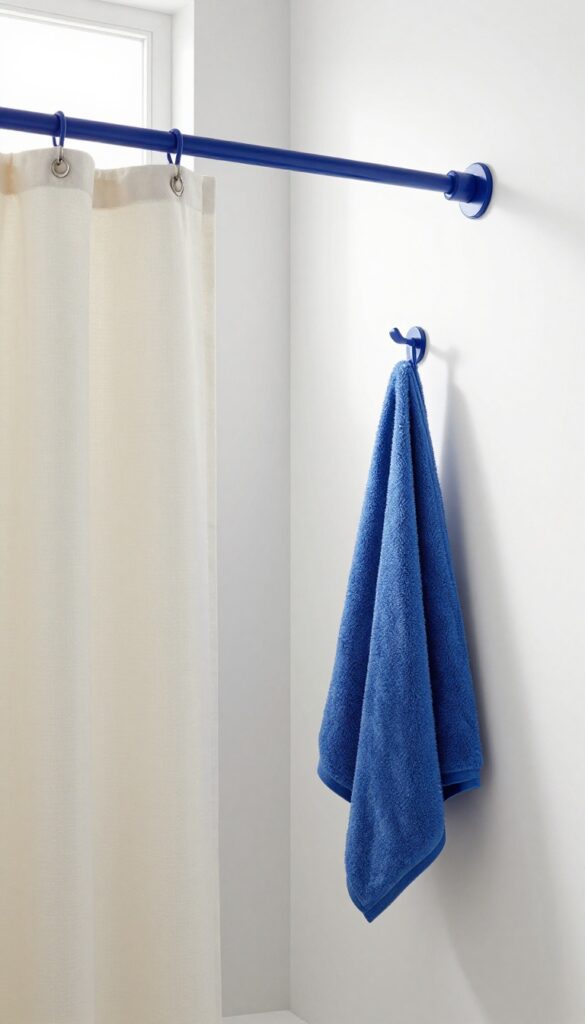 A bright bathroom with a navy blue shower curtain rod against white walls, featuring coordinated towels and accessories for a custom look.