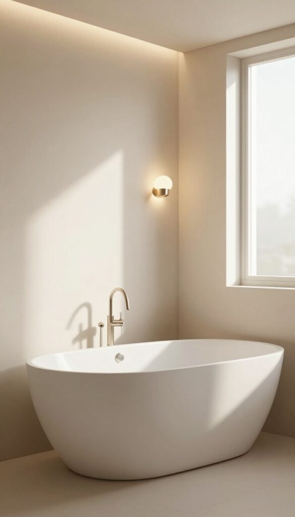 A relaxing bathroom featuring a bathtub with warm lighting in a bright, natural setting, ideal for home decor inspiration.
