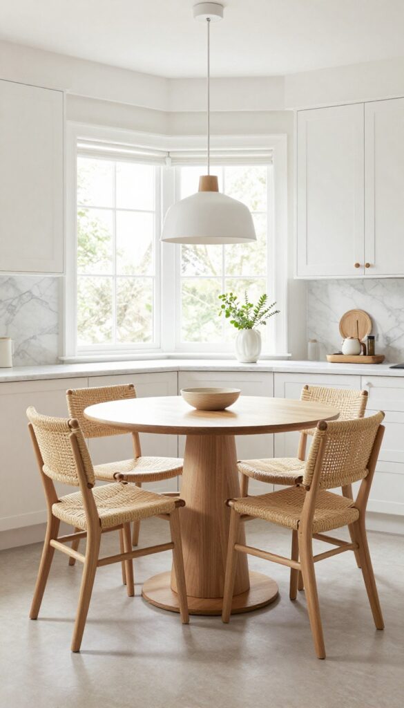 Round pedestal table in a compact eat-in kitchen with natural light and stackable chairs.