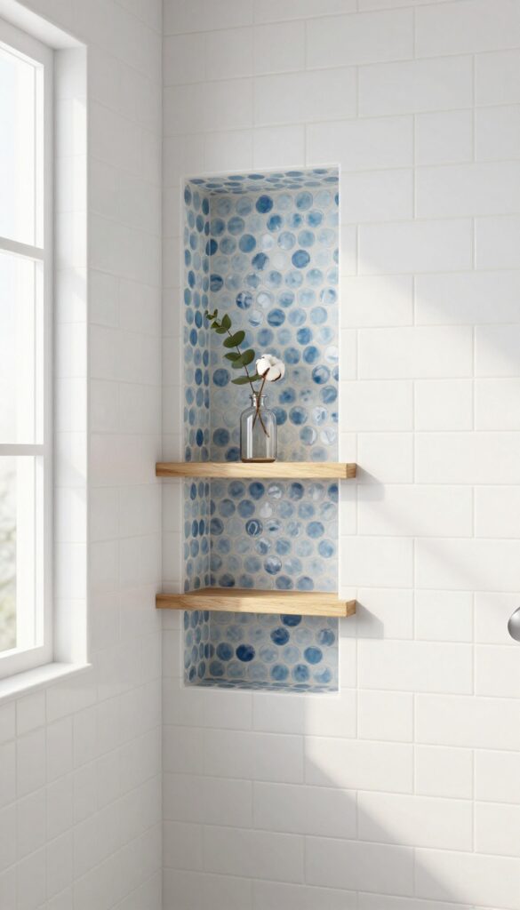 Blue penny tile accent niche in a white subway tile shower with wooden shelf and eucalyptus