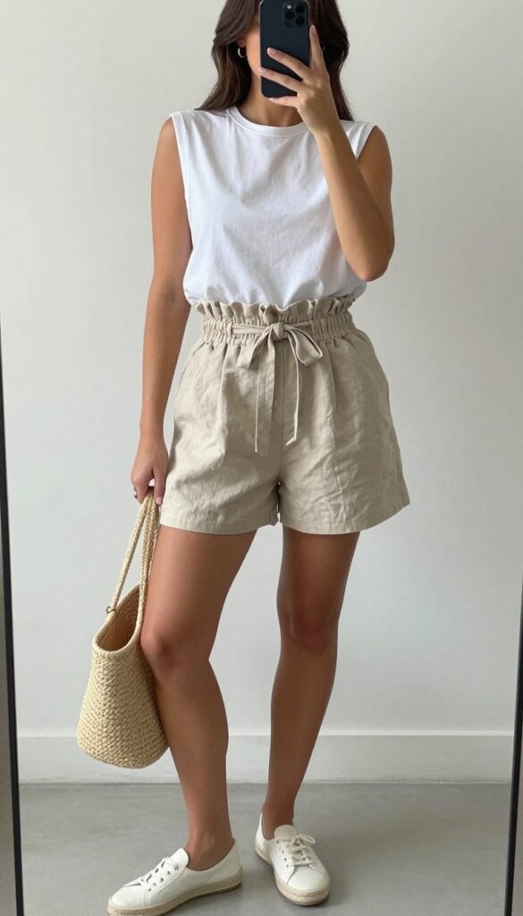 A woman with a rectangle body shape wearing beige paperbag waist shorts and a tucked-in white top, posing in a mirror selfie, showcasing a casual summer outfit that adds volume and defines the waist.