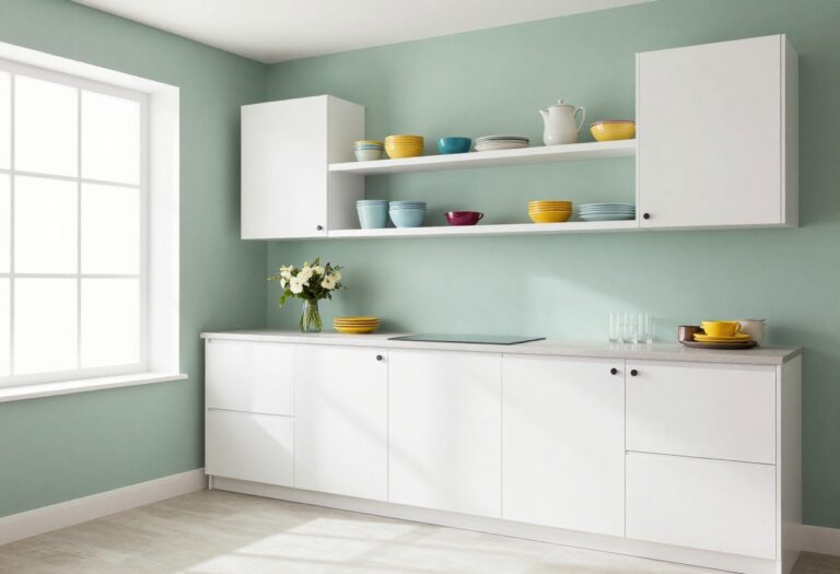 Stylish kitchen with two-tone cabinets and open shelving